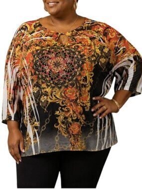 Beverly Drive Plus Size XL Top Floral Chain Print Keyhole/3/4 Sleeves